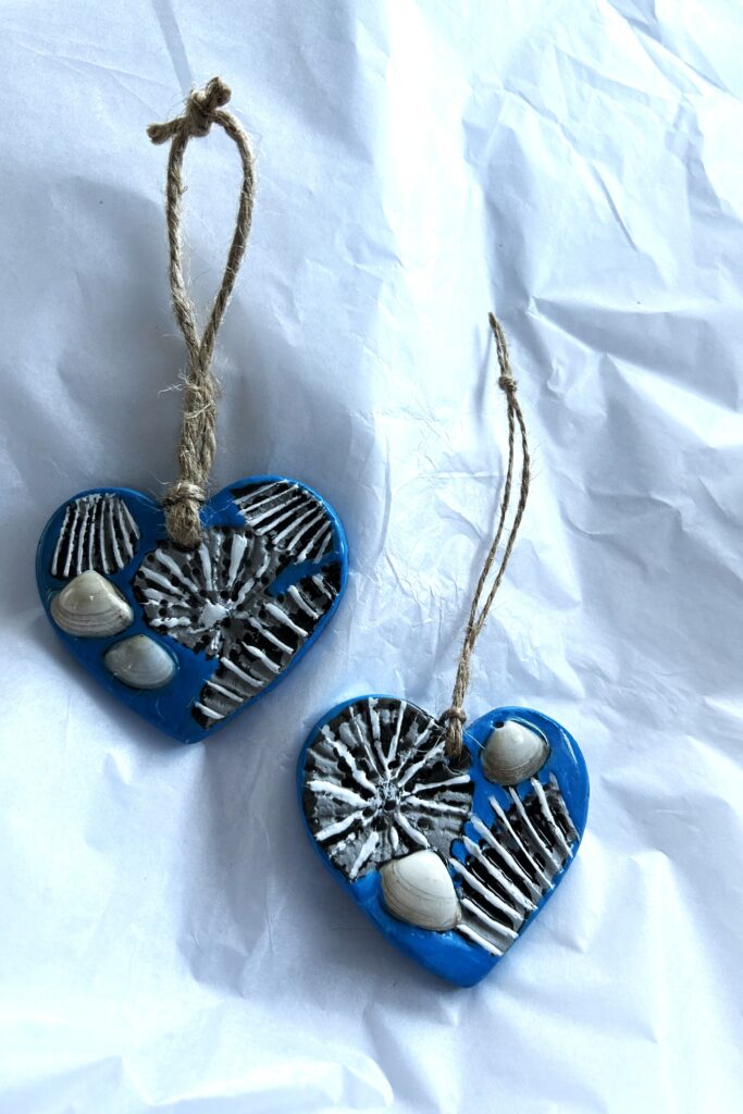 2 air dry clay hearts - essential oil diffusers, sea-side theme blue and white with sea shells