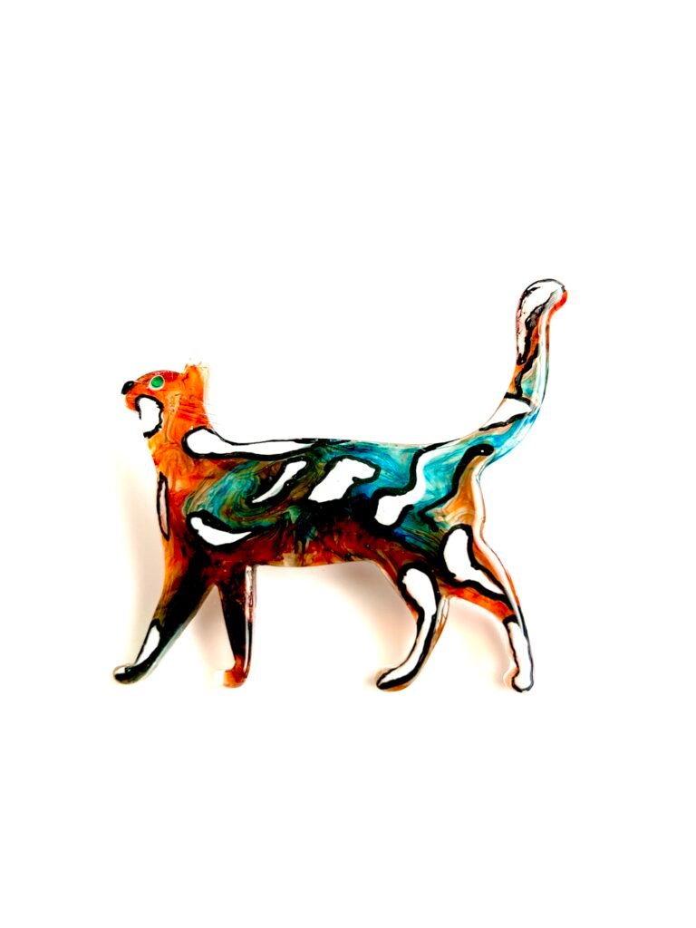 UV Resin Cat Shaped Brooch Pin multi colours of swirled resin dyes