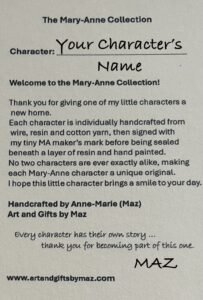 printed personal welcome card to mary-anne collection signed by maz from art and gifts by maz